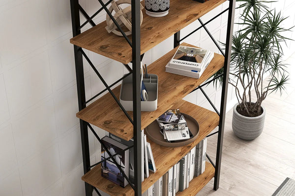 Industrial 5-Tier Tall Bookshelf | Wide Architectural Display - Karrari