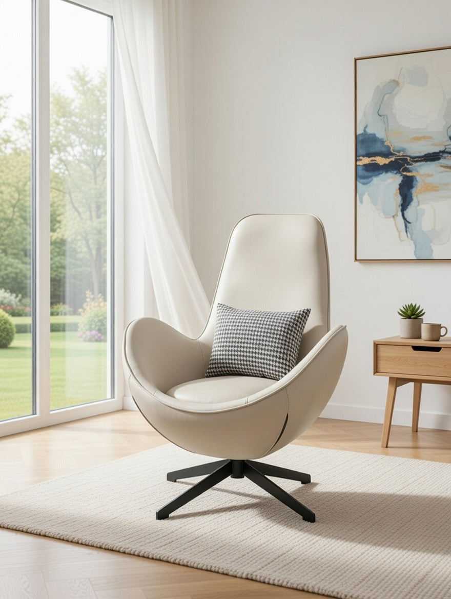 Luna Mid-Back Swivel Lounge Chair in Off-White Leather - Karrari