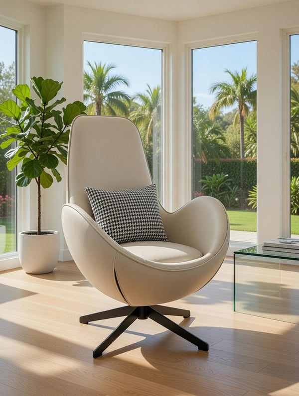 Luna Mid-Back Swivel Lounge Chair in Off-White Leather - Karrari