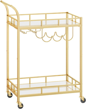 Gold Bar Cart with 2 Mirrored Shelves & Wine Holders - Karrari