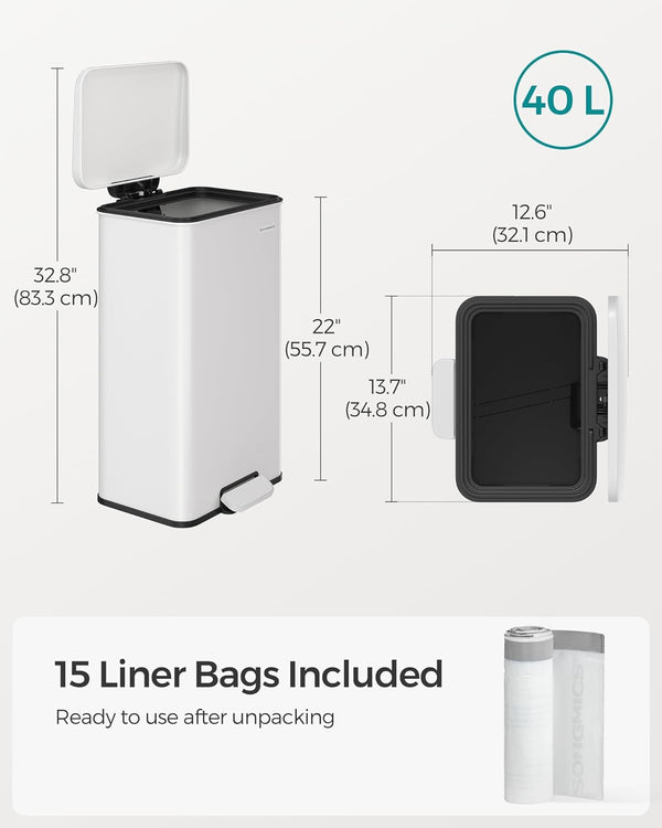 40L White Steel Pedal Bin with Lid (15 Bags Included) - Karrari