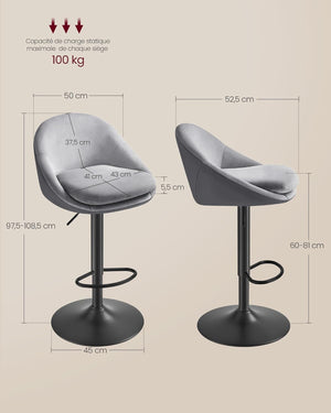 Set of 2 Adjustable Bar Stools - Dove Grey - Karrari