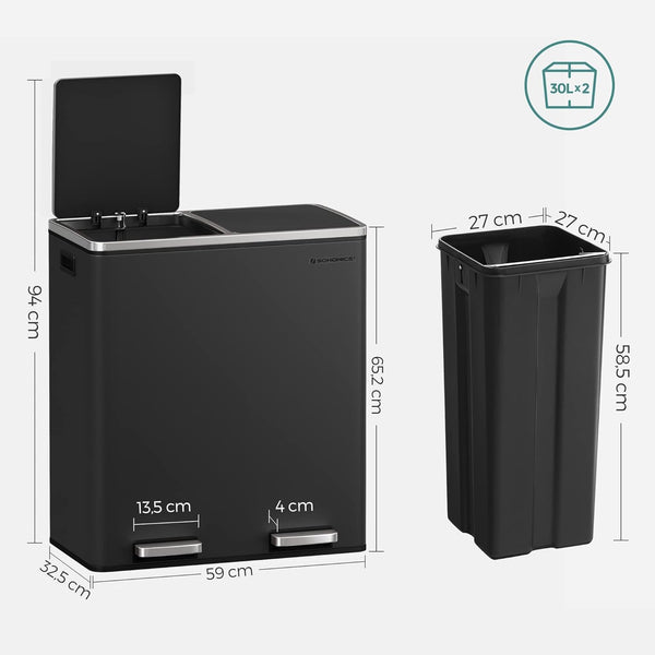 Double Kitchen Pedal Bin 2×30L (Waste & Recycling) - Karrari