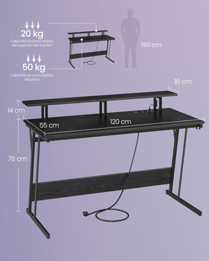 Gaming Desk with Power Strip & Dual Monitor Stand