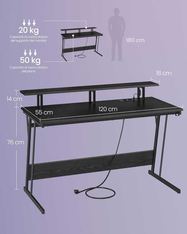 Gaming Desk with Power Strip & Dual Monitor Stand