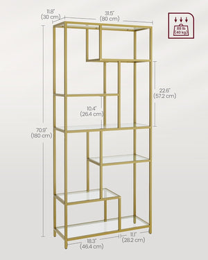 Tall 6-Tier Display Shelf – Glass Bookcase, Gold Finish - Karrari