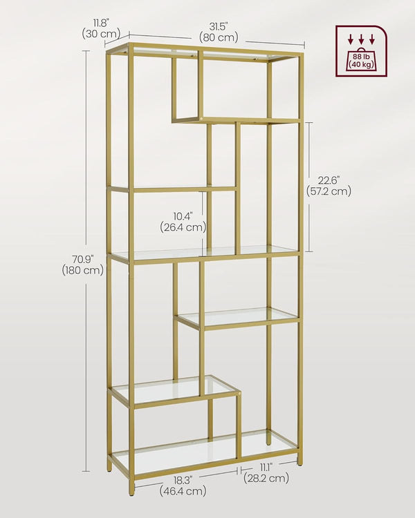 Tall 6-Tier Display Shelf – Glass Bookcase, Gold Finish - Karrari