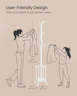 Metal Coat Stand with 12 Hooks & Umbrella Holder