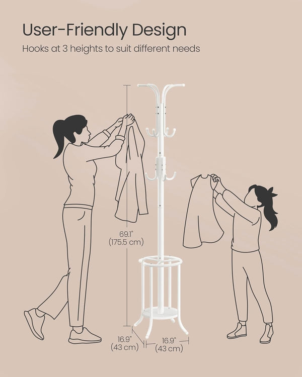 Metal Coat Stand with 12 Hooks & Umbrella Holder