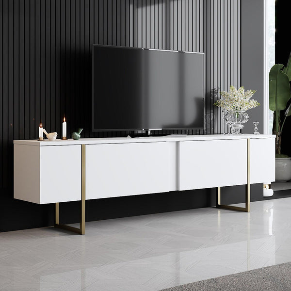 Aria Ultra-Modern TV Stand | Matte White with Minimalist Gold Sled Legs - Karrari