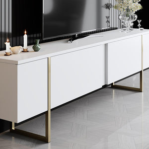 Aria Ultra-Modern TV Stand | Matte White with Minimalist Gold Sled Legs - Karrari