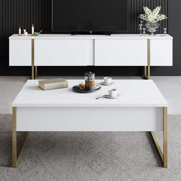 Aria Ultra-Modern TV Stand | Matte White with Minimalist Gold Sled Legs - Karrari