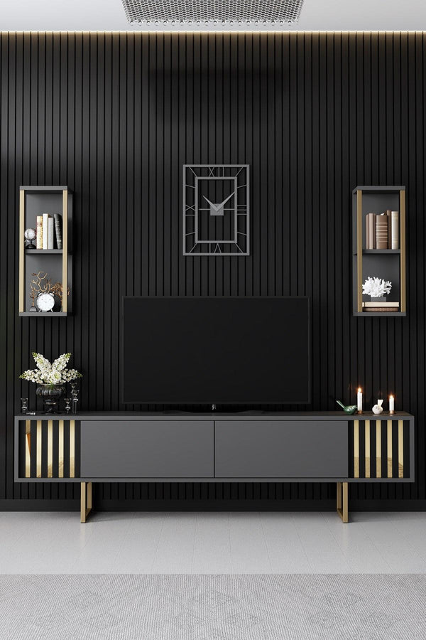 Modern TV Stand & Dual Floating Wall Shelf Set – Anthracite & Gold Finish - Karrari
