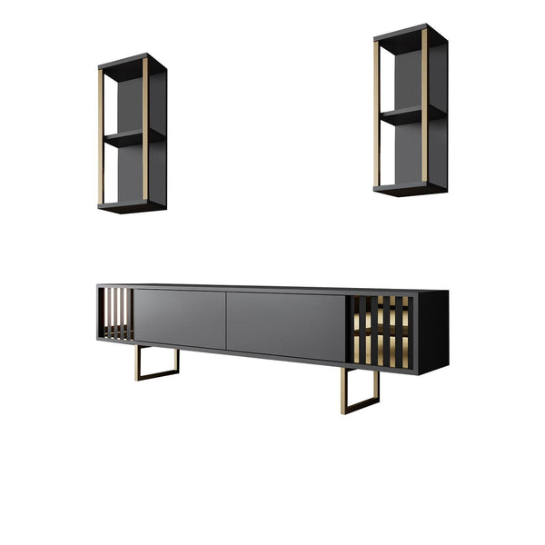 Modern TV Stand & Dual Floating Wall Shelf Set – Anthracite & Gold Finish - Karrari