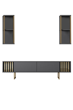 Modern TV Stand & Dual Floating Wall Shelf Set – Anthracite & Gold Finish - Karrari