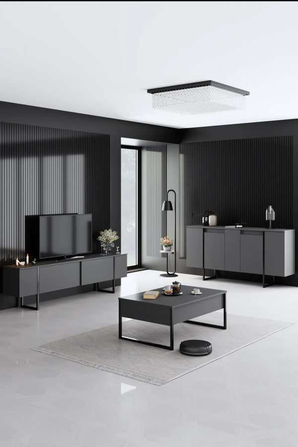 Modern Minimalist Sideboard – Charcoal Grey & Matte Black Steel - Karrari
