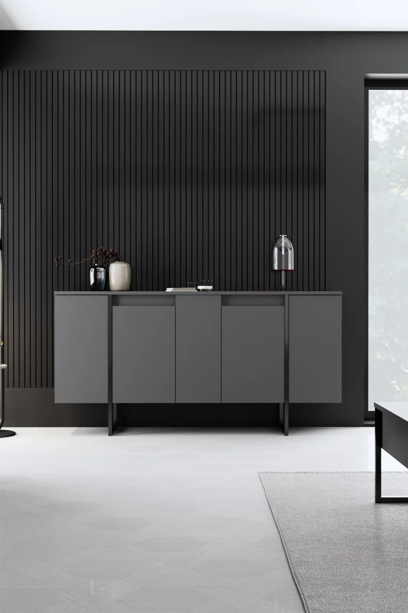 Modern Minimalist Sideboard – Charcoal Grey & Matte Black Steel - Karrari