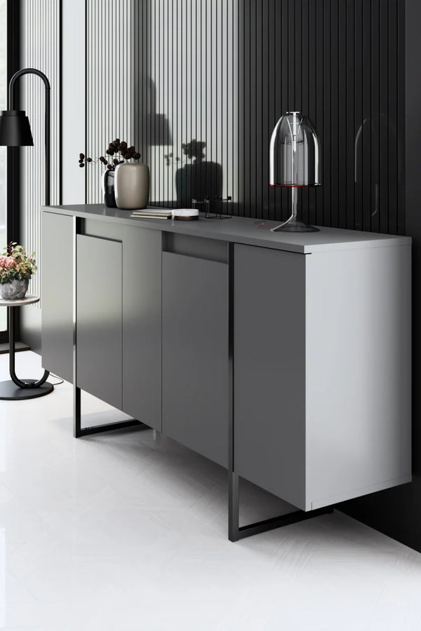 Modern Minimalist Sideboard – Charcoal Grey & Matte Black Steel - Karrari
