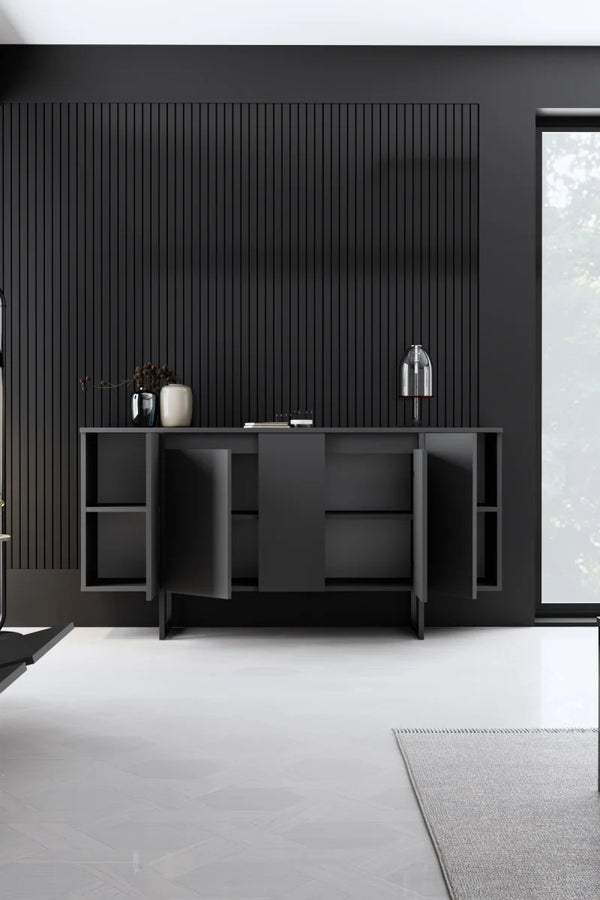 Modern Minimalist Sideboard – Charcoal Grey & Matte Black Steel - Karrari