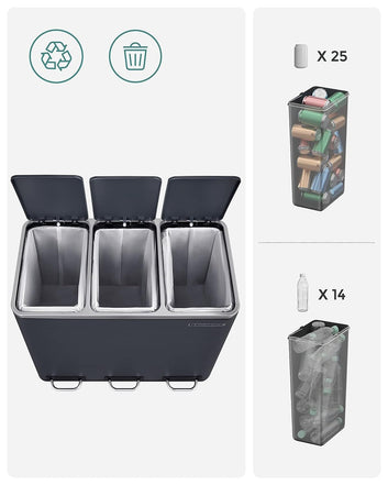 3 x 18L Recycling Bin, 3 Compartments, Slow-Close Lid, with Inner Buckets, Charcoal Grey