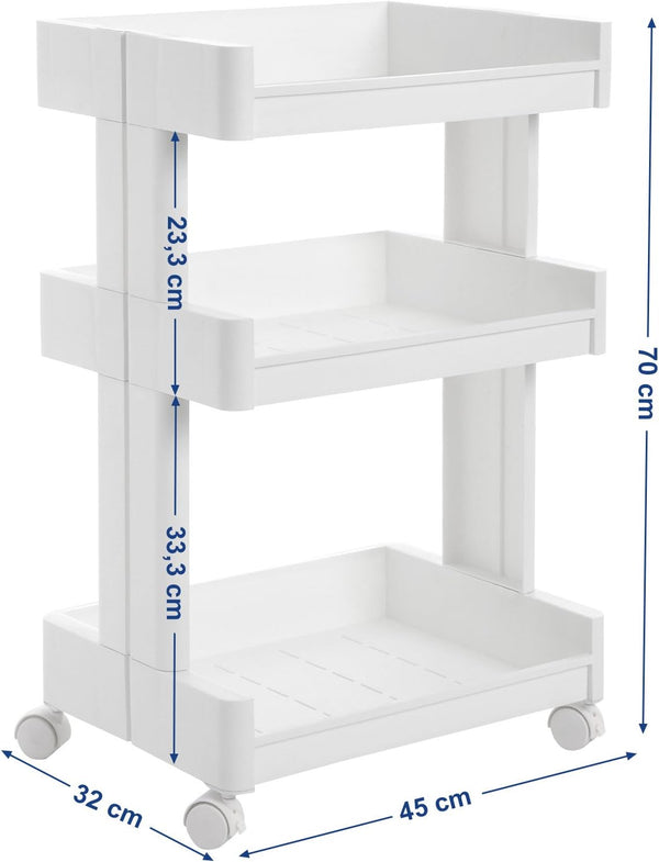 3-Tier Plastic Rolling Storage Cart with Wheels, White - Karrari