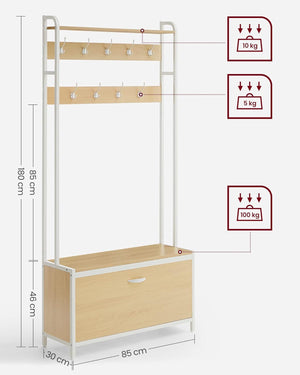 Hall Tree with Bench, Shoe Storage & 9 Hooks - Karrari