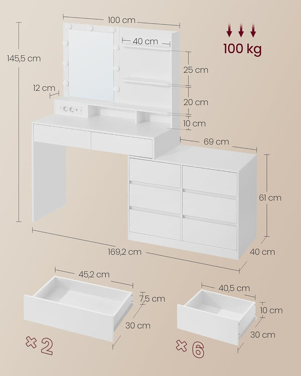 Vanity Table with LED Mirror, 8 Drawers & Shelves