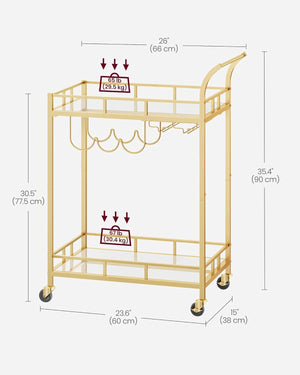 Gold Bar Cart with 2 Mirrored Shelves & Wine Holders - Karrari