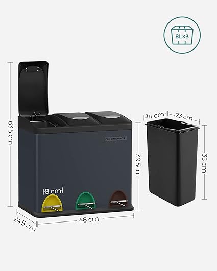 3-Compartment Metal Pedal Bin 3×8L (Recycling) - Karrari
