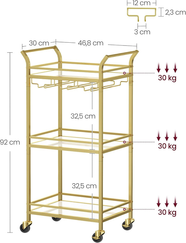 3-Tier Gold Bar Cart with Mirrored Shelves - Karrari