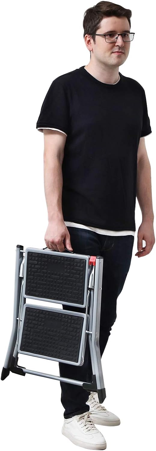 Folding 2 Step Ladder 20cm Rubber Non-Slip with Handle Load 150kg Steel Grey and Black