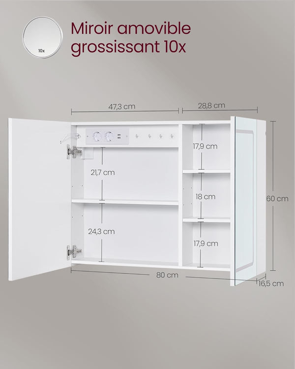 LED Wall Mirror Cabinet with Storage, Demister & Power Outlet - Karrari
