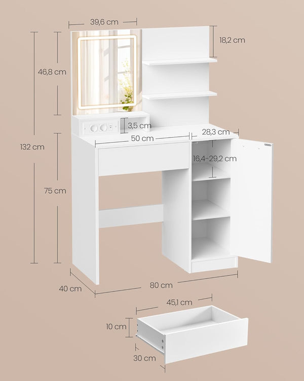 Dressing Table with LED Mirror, Drawer & Adjustable Shelves