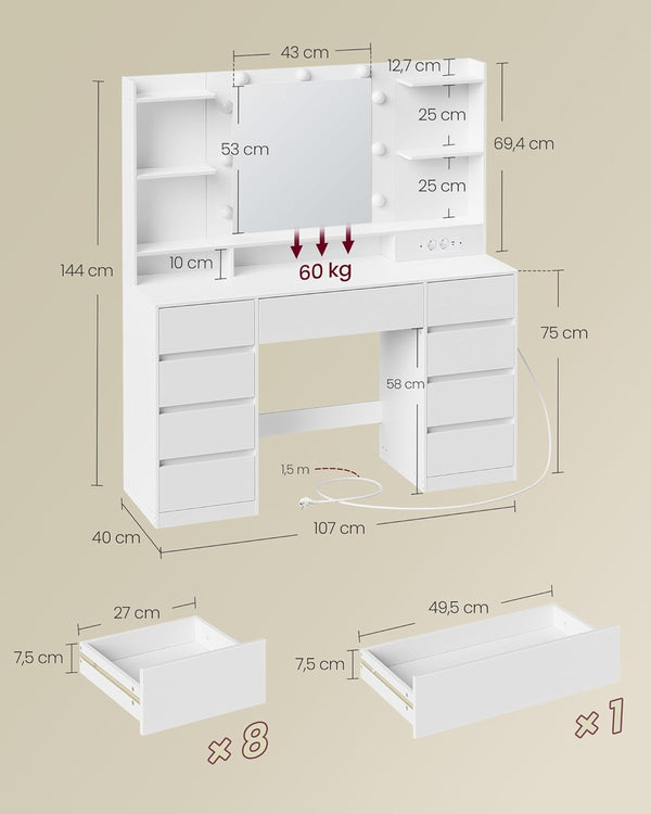 Makeup Table with LED Lights, Mirror & Toolless Rail Mount