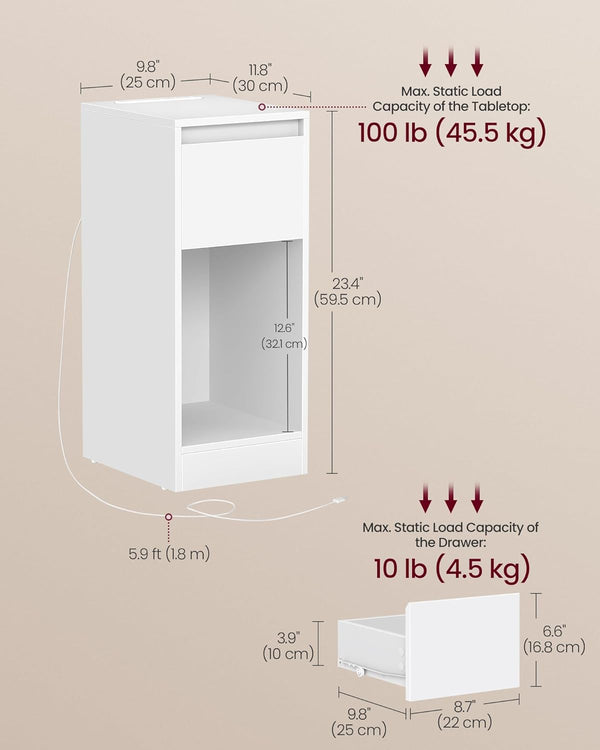 Slim Bedside Table with Charging Station & LED - Karrari