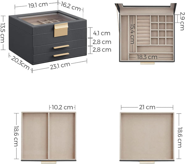 3-Layer Jewellery Box with Glass Lid & 2 Drawers