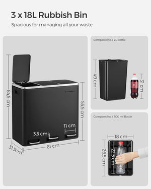 3-in-1 Steel Kitchen Recycling Bin (3×18L) - Karrari