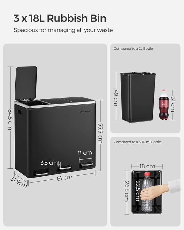 3-in-1 Steel Kitchen Recycling Bin (3×18L) - Karrari