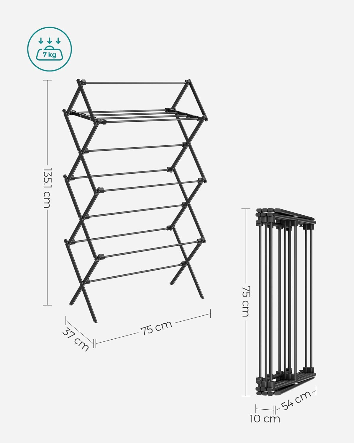 Foldable Clothes Airer, Clothes Drying Rack, Laundry Rack, Steel Frame, 37 x 75 x 135.1 cm