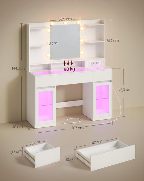 Dressing Table with LED Mirror & RGB Lighting, Glass Top, Storage Cabinets