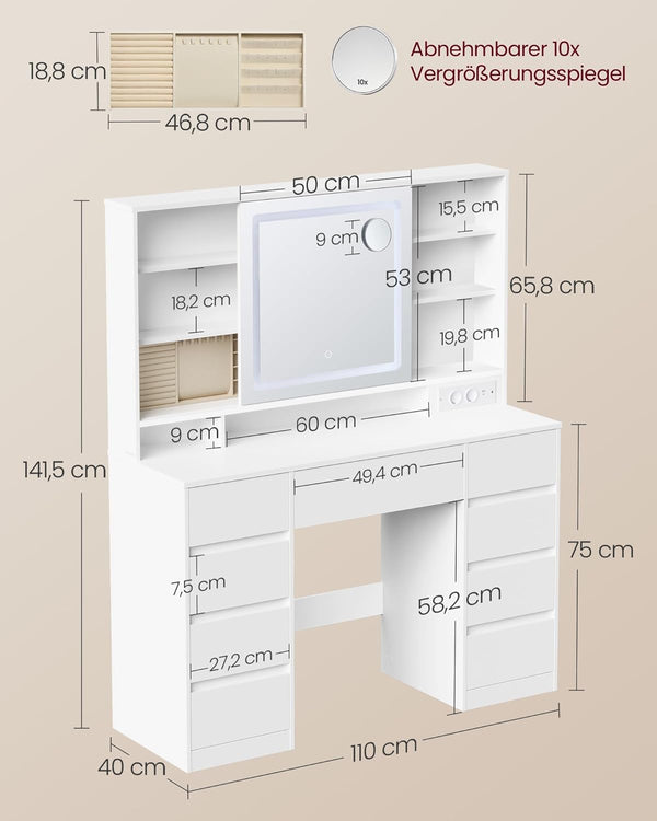 LED Vanity Table with Magnifying Mirror & Drawers - Tool-Free Slide Rails