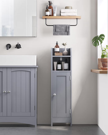 Slim Bathroom Floor Storage Cabinet with Door and Shelves,Grey