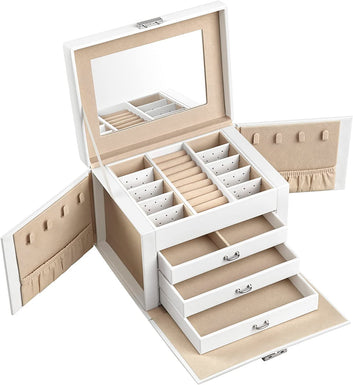Jewelery Box, 4 Levels, Jewelery Box with Handles, 3 Drawers, Large Mirror and Lock