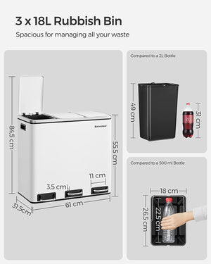 Triple Kitchen Recycling Bin 3×18L (White, Soft-Close) - Karrari