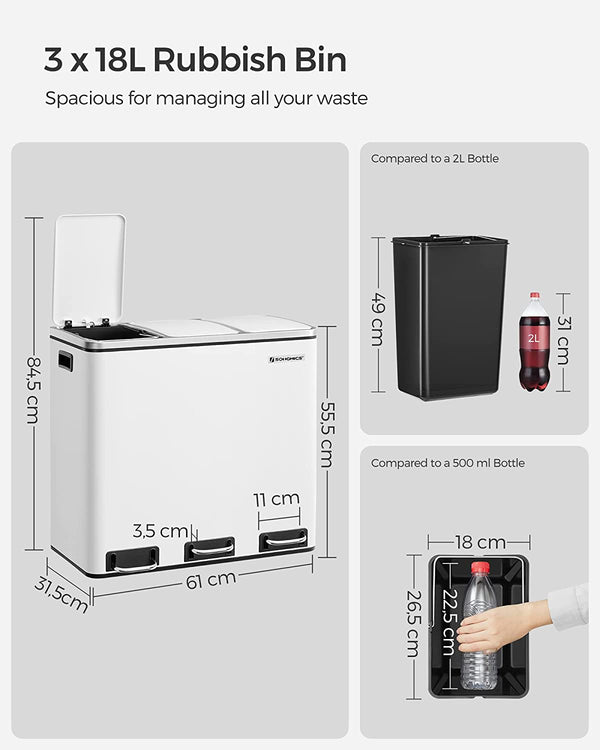Triple Kitchen Recycling Bin 3×18L (White, Soft-Close) - Karrari