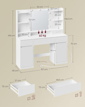 Vanity Table with LED Mirror, Storage - Tool-free Slide Rails