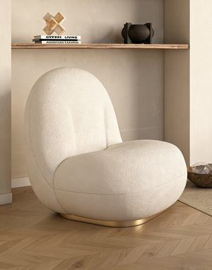 Luna Sculptural Bouclé Lounge Chair with Brushed Gold Swivel Base - Karrari