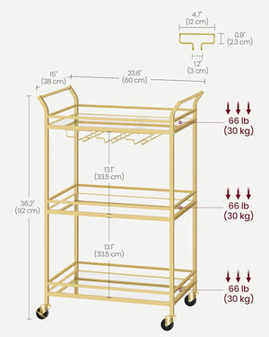 Gold Bar Cart with 3-Tier Mirrored Shelves