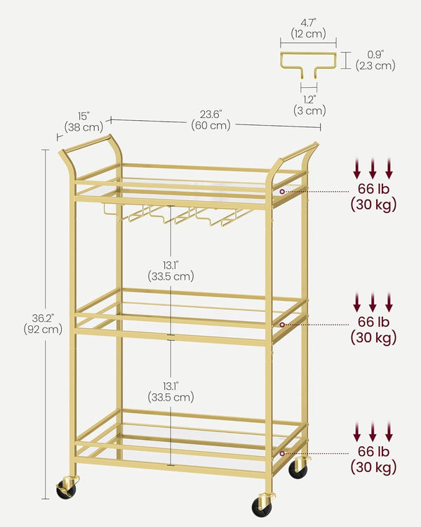 Gold Bar Cart with 3-Tier Mirrored Shelves