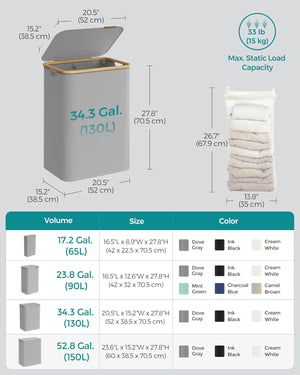 130L 2-Section Laundry Hamper - Lid & Bamboo Handles - Karrari
